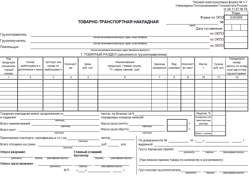 Товарно-транспортная накладная (форма 1-Т)